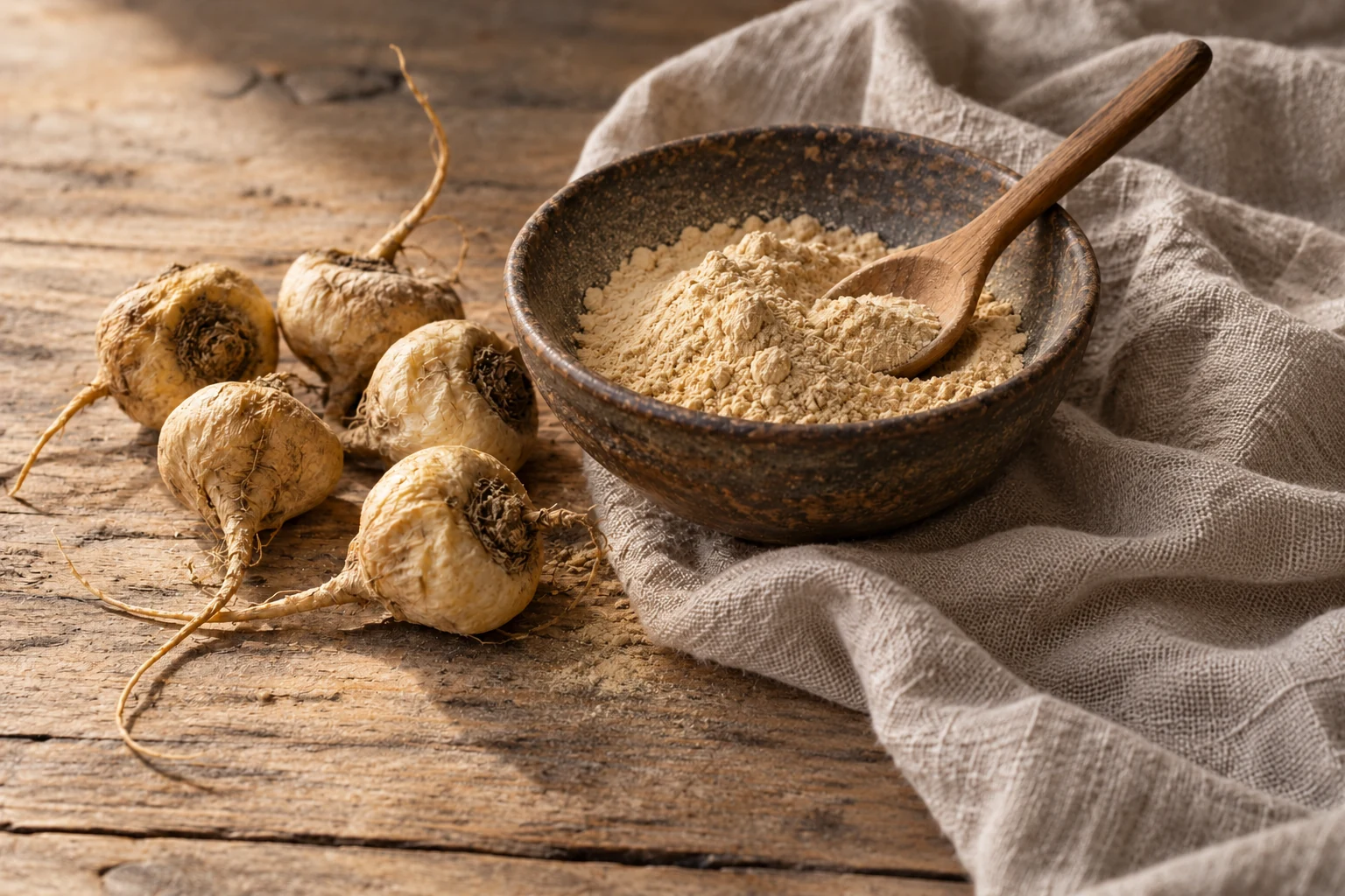 Maca roots and root powder arranged in handmade pottery on weathered wood