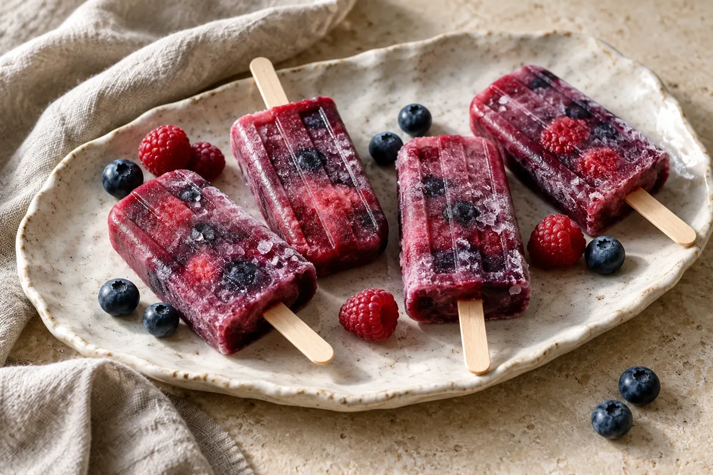 Handmade raspberry and blueberry ice pops on a ceramic platter