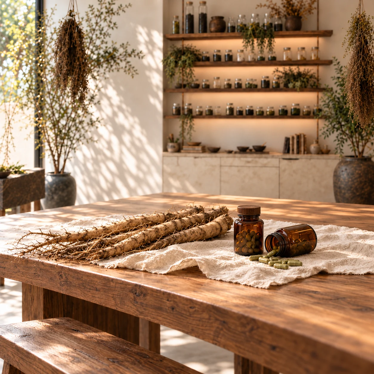 Burdock roots and amber supplement bottles on linen in a sunlit botanical apothecary
