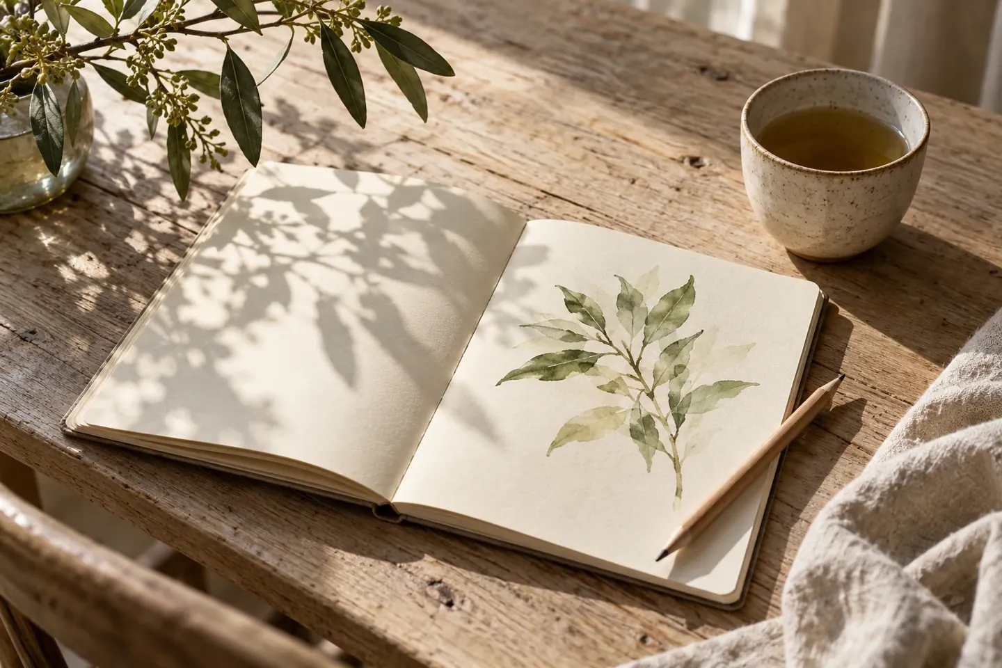 A botanical sketchbook and tea in warm morning light