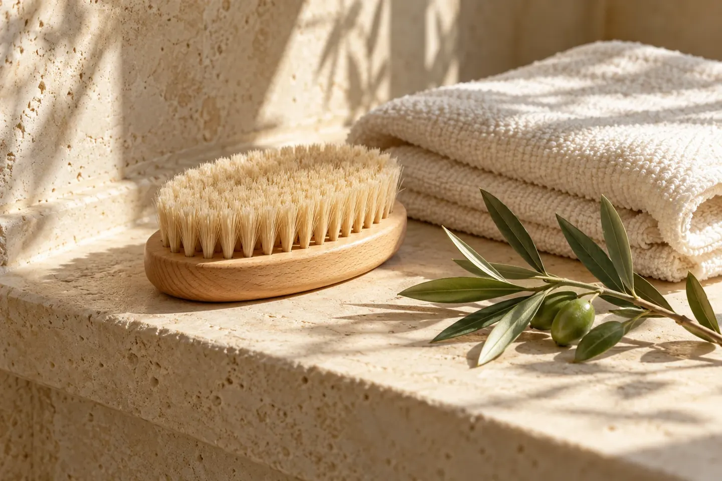 A soft natural-bristle body brush and cream towel on warm stone