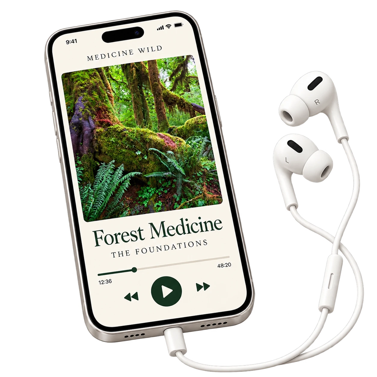 Forest Medicine on a white iPhone, with both white earphones arranged to the right