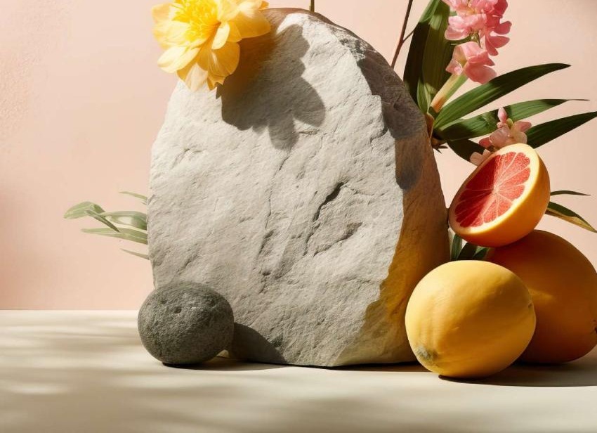 Flowers and citrus arranged around natural stone