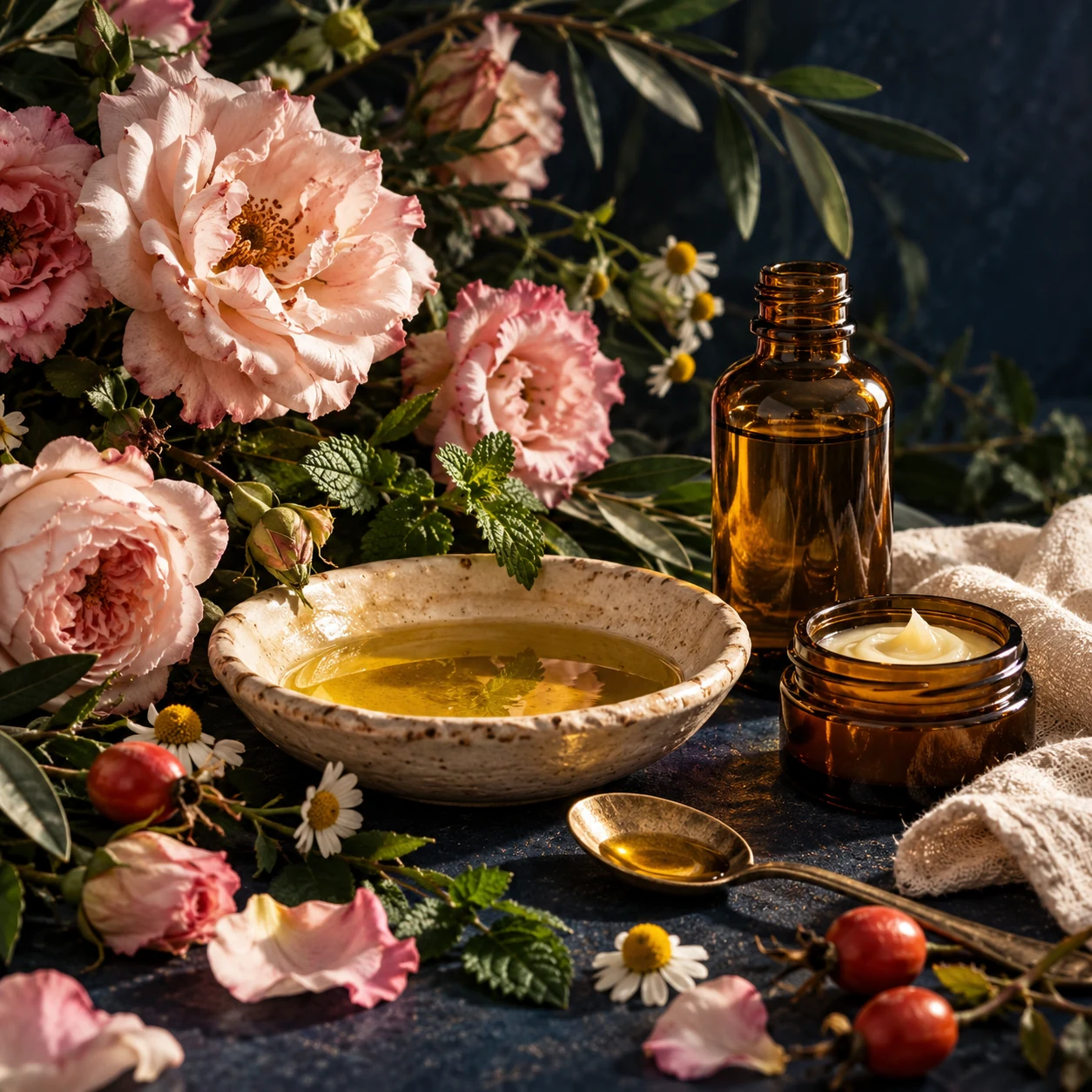 Blush roses, golden botanical oils, and handmade creams on midnight blue linen