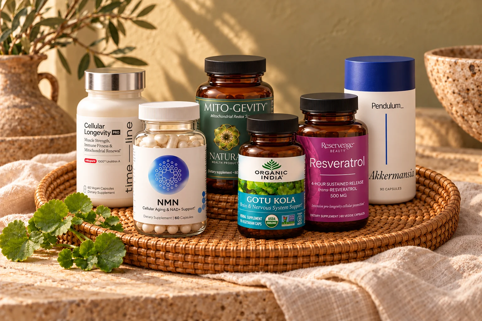 Timeline Mitopure, NMN, Mito-Gevity, Gotu Kola, resveratrol, and Akkermansia products grouped on a woven tray