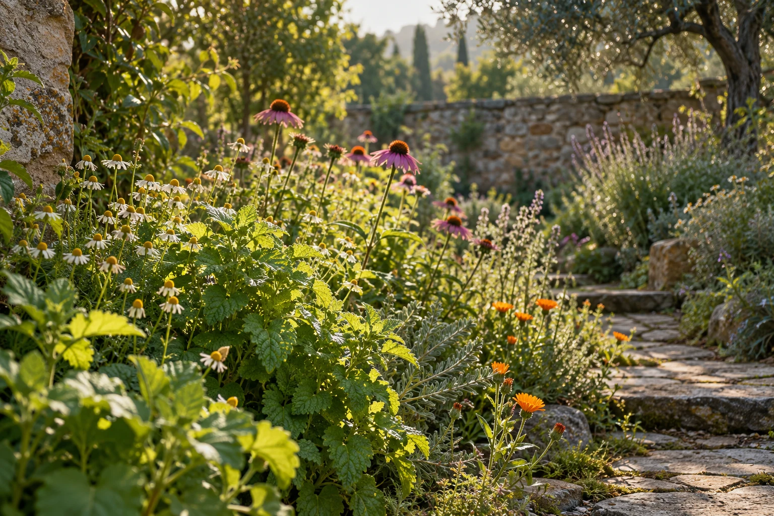 Sunlight falling through lemon balm, echinacea and chamomile beside a stone garden path