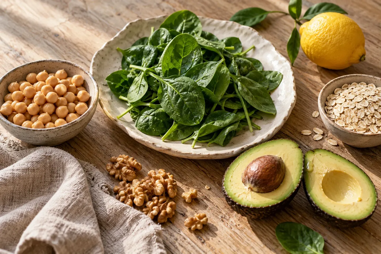Chickpeas, leafy greens, avocado, walnuts, and oats on a kitchen table