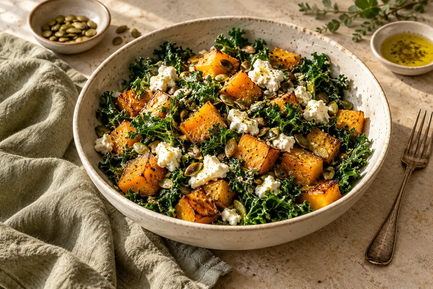 Roasted pumpkin, kale, goat cheese, and pumpkin seeds in a ceramic bowl