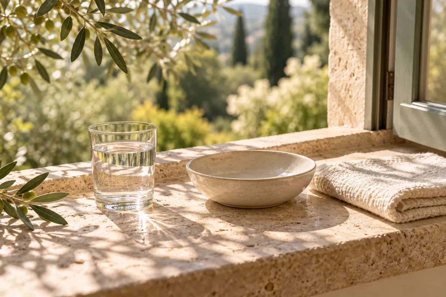 Water, cream ceramics, and a soft washcloth beside a sunlit window