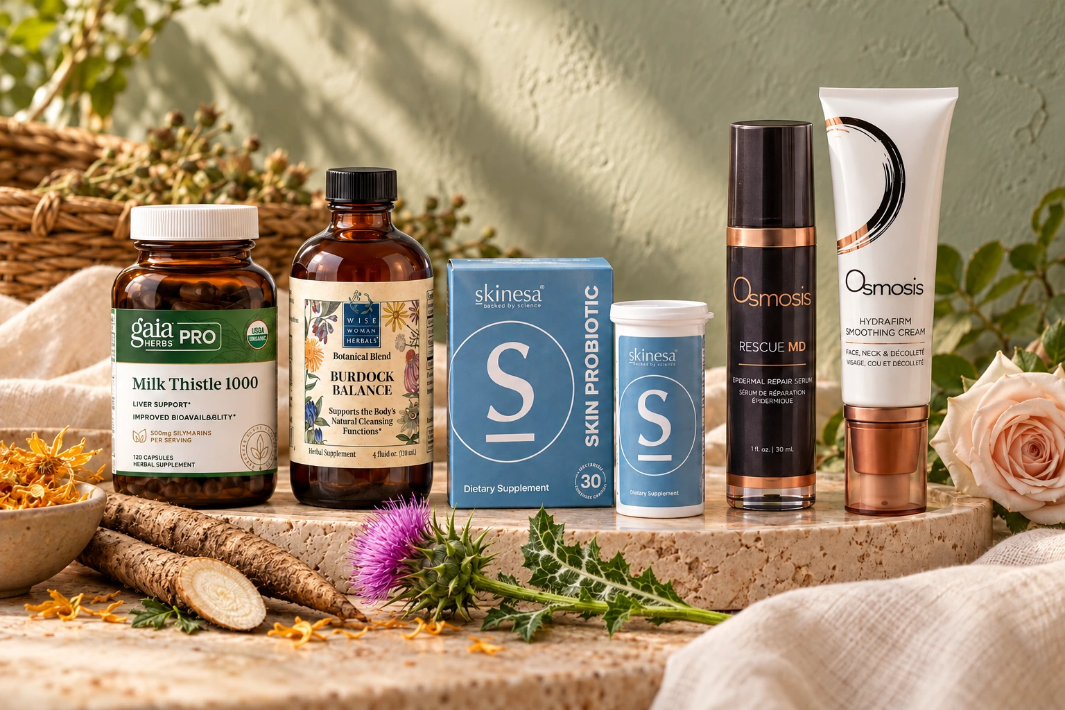Selected products from Dr. Michele Burklund’s The Radiance Edit, arranged with linen and fresh botanicals