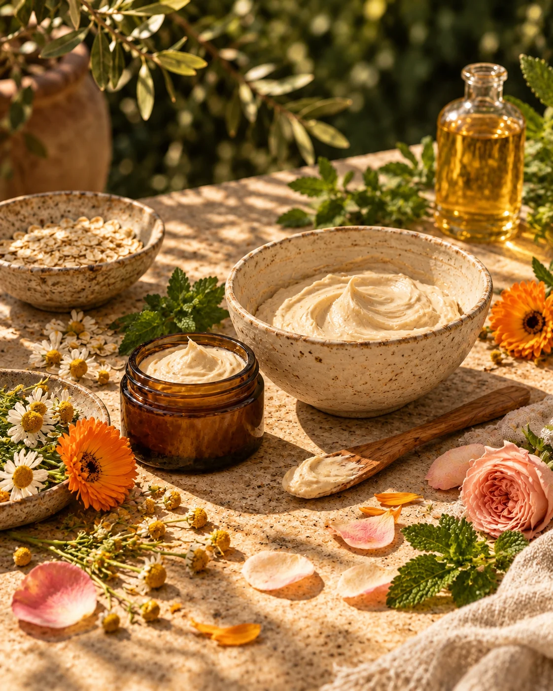 Oatmeal, chamomile, and botanical creams arranged in ceramic bowls