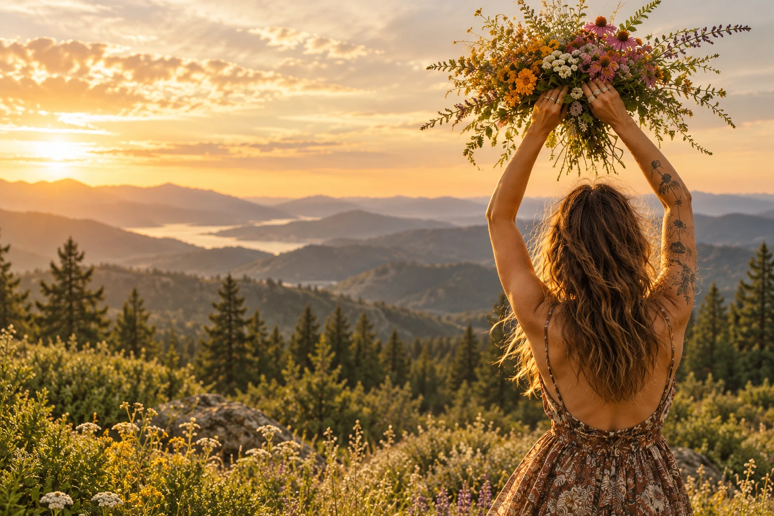 Editorial illustration of a woman raising medicinal flowers above a golden mountain meadow